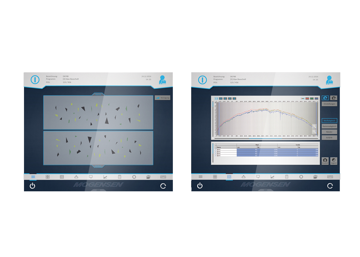 Interface Design-Konzepte für die grafische Benutzeroberfläche der Mogensen MSORT Glas-Recycling Anlage. Mogensen - MSORT Glas-Recycling Anlage - GUI - Designstudien - Interface -  designship GmbH - Produktdesign - Industriedesign - Maschinendesign - Interfacedesign - iF world design index - Top 25 Industry - Top 100 design studios worldwide - we love design