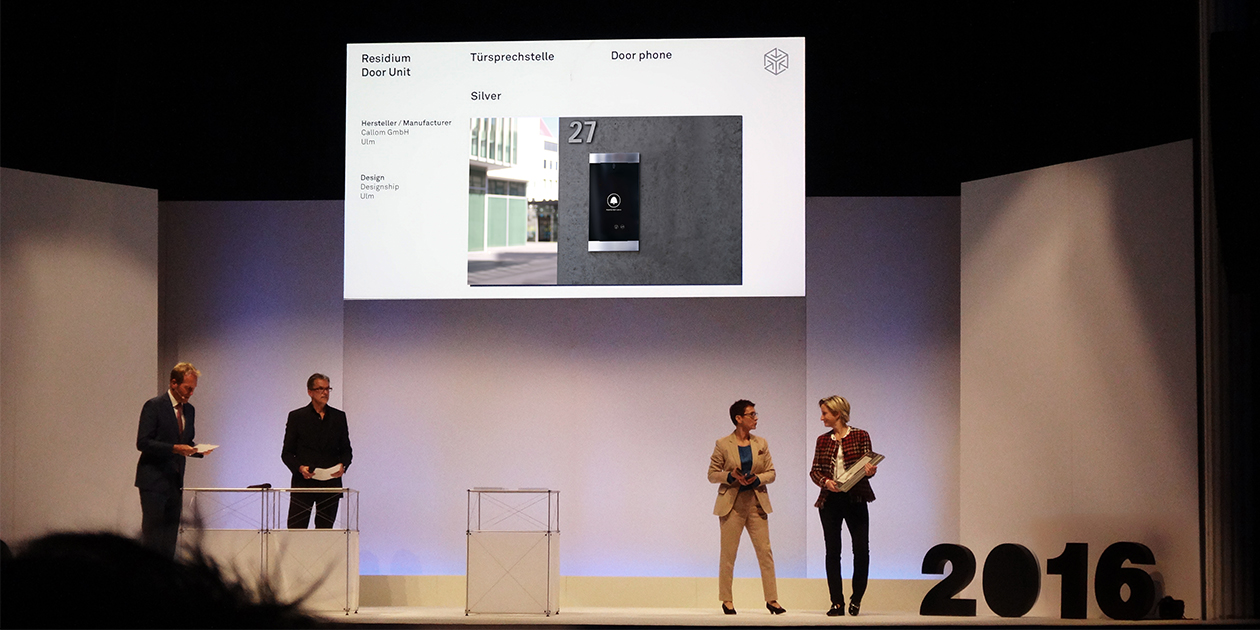 Award ceremony of the Focus Open Silver Award at the Scala in Ludwigsburg. Callom's RESIDIUM door intercom received the Focus Open Silver Award for outstanding product design from designship GmbH from Ulm. Callom - security system - door intercom - Focus Open Silver Award 2016 - designship GmbH - product design - industrial design - machine design - interface design - iF world design index - Top 25 Industry - Top 100 design studios worldwide - we love design