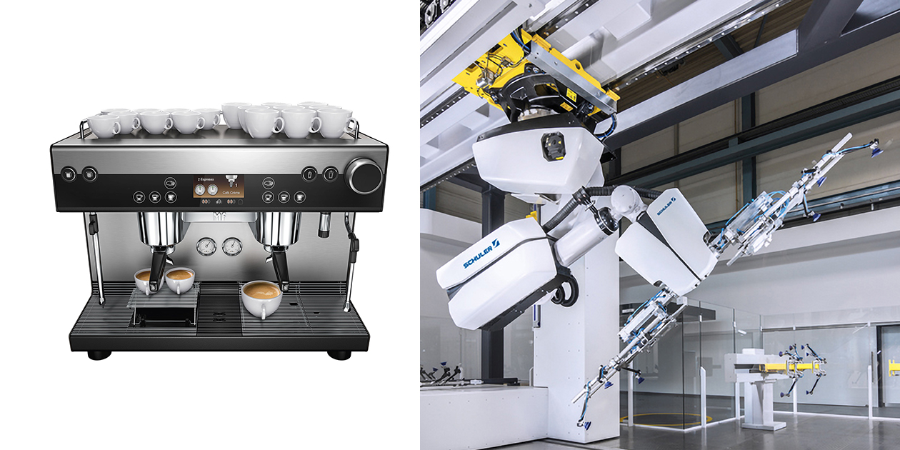 Zur Linken die neue mit dem "red dot award - best of the best" ausgezeichnete WMF espresso und zur Rechten der Crossbar Roboter 4.0 der Schuler Group. Das Design stammt von dem Designstudio designship GmbH aus Ulm. red dot award 2015 - Gala - best of the best - Designpreis - designship GmbH - Produktdesign - Industriedesign - Interfacedesign - iF world design index - Top 25 Industry - Top 100 design studios worldwide - we love design